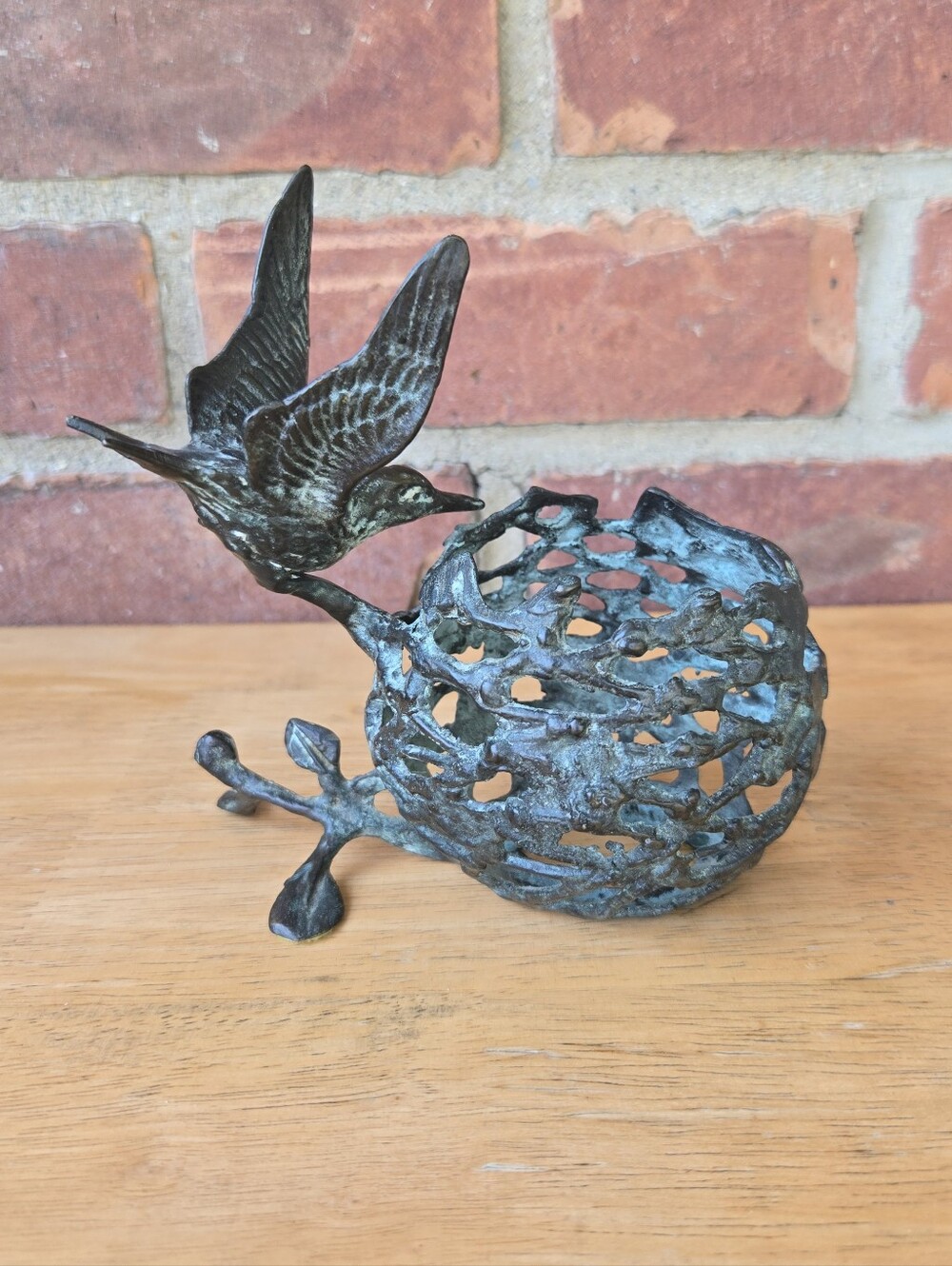 Bronze Hummingbird Bird Nest with Verdigris Patina Height  5.5"